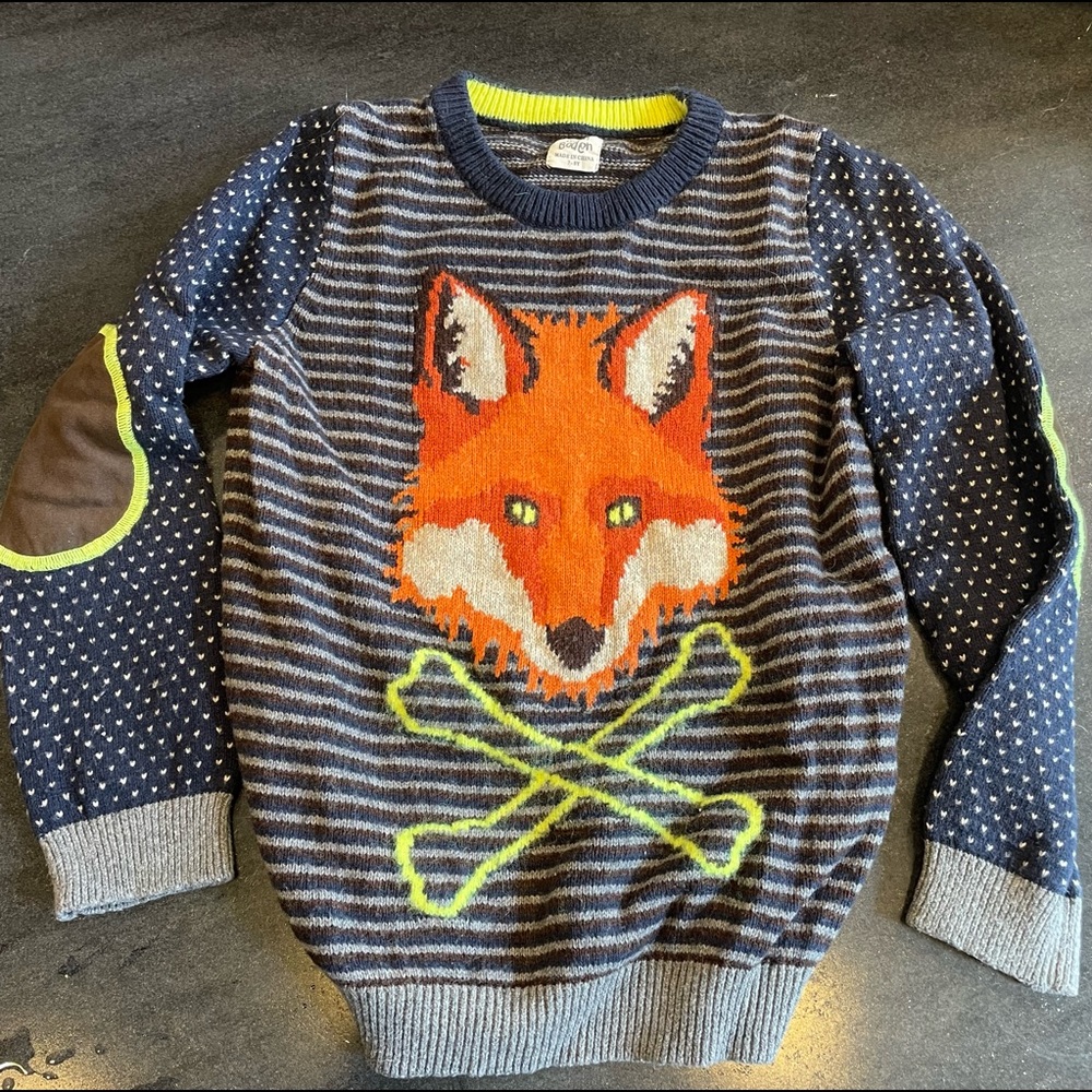 Boys Mini Boden sweater with Fox head design on front. Size 7-8Y